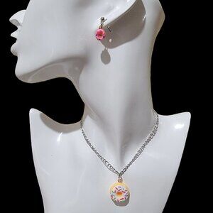 Donut Charm Necklace and Strawberry Donut Earring Set - Multicolor